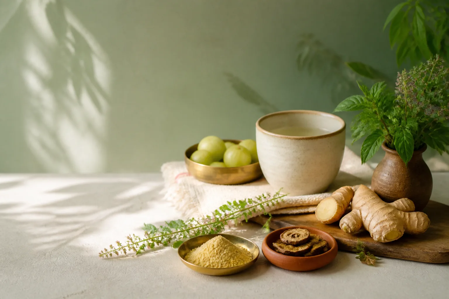 Tulsi, amla and ginger arranged for everyday natural wellness