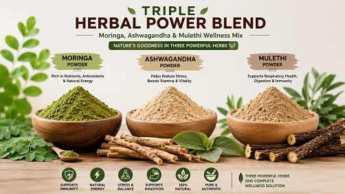 Triple Herbal Power Blend – Moringa, Ashwagandha & Mulethi Wellness Mix