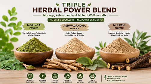 Triple Herbal Power Blend – Moringa, Ashwagandha & Mulethi Wellness Mix